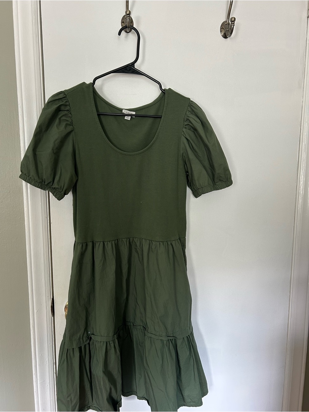 J. Crew Olive Green Puff Sleeve Tiered Dress